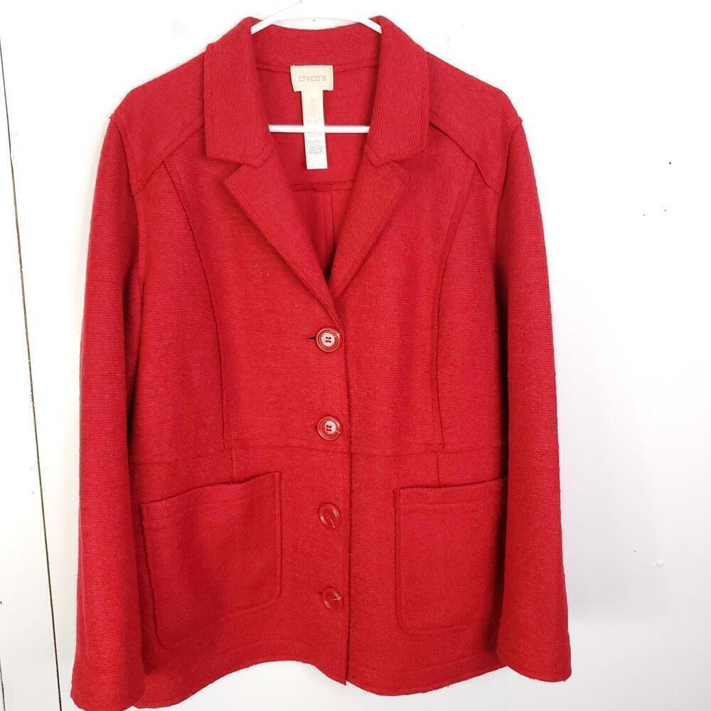 Chicos Jacket Womens 2 Large Red Boucle Wool Blend Unlined Full Button